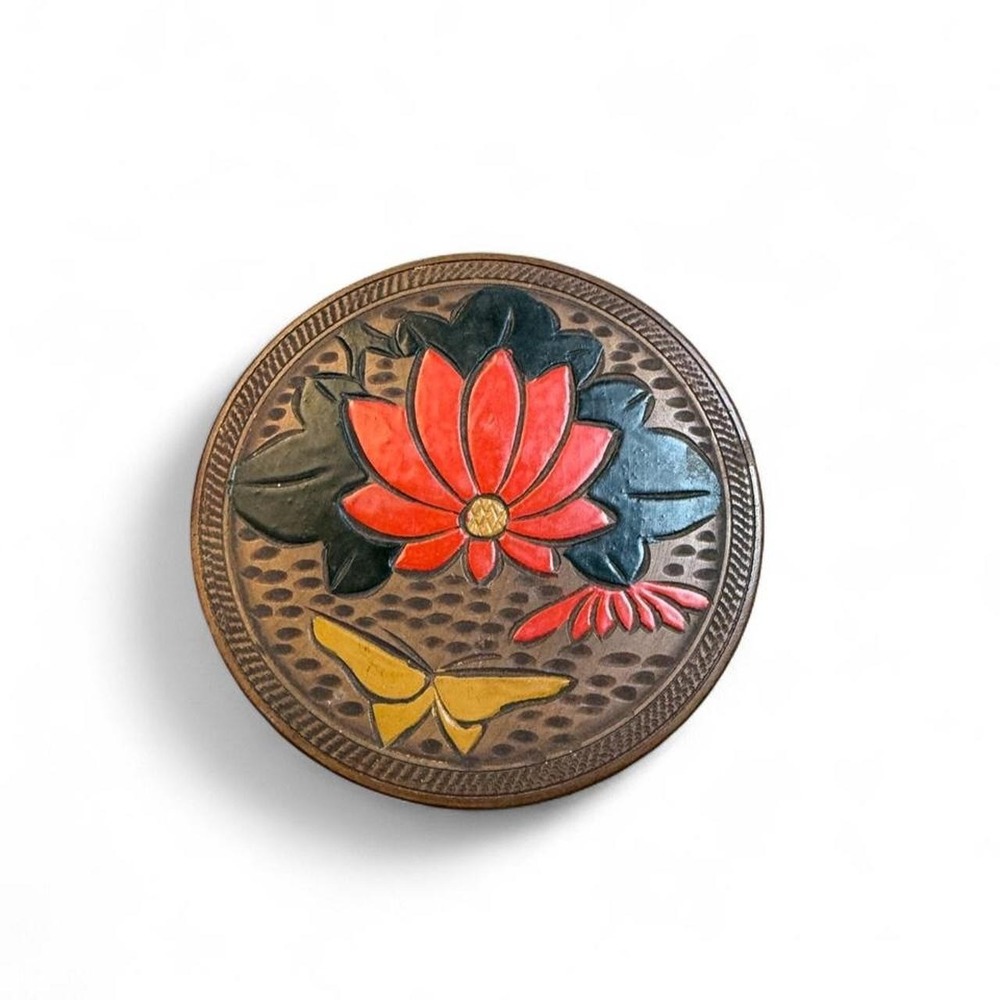 Vintage Antique 1920s Japanese Hand Carved Painted circular box